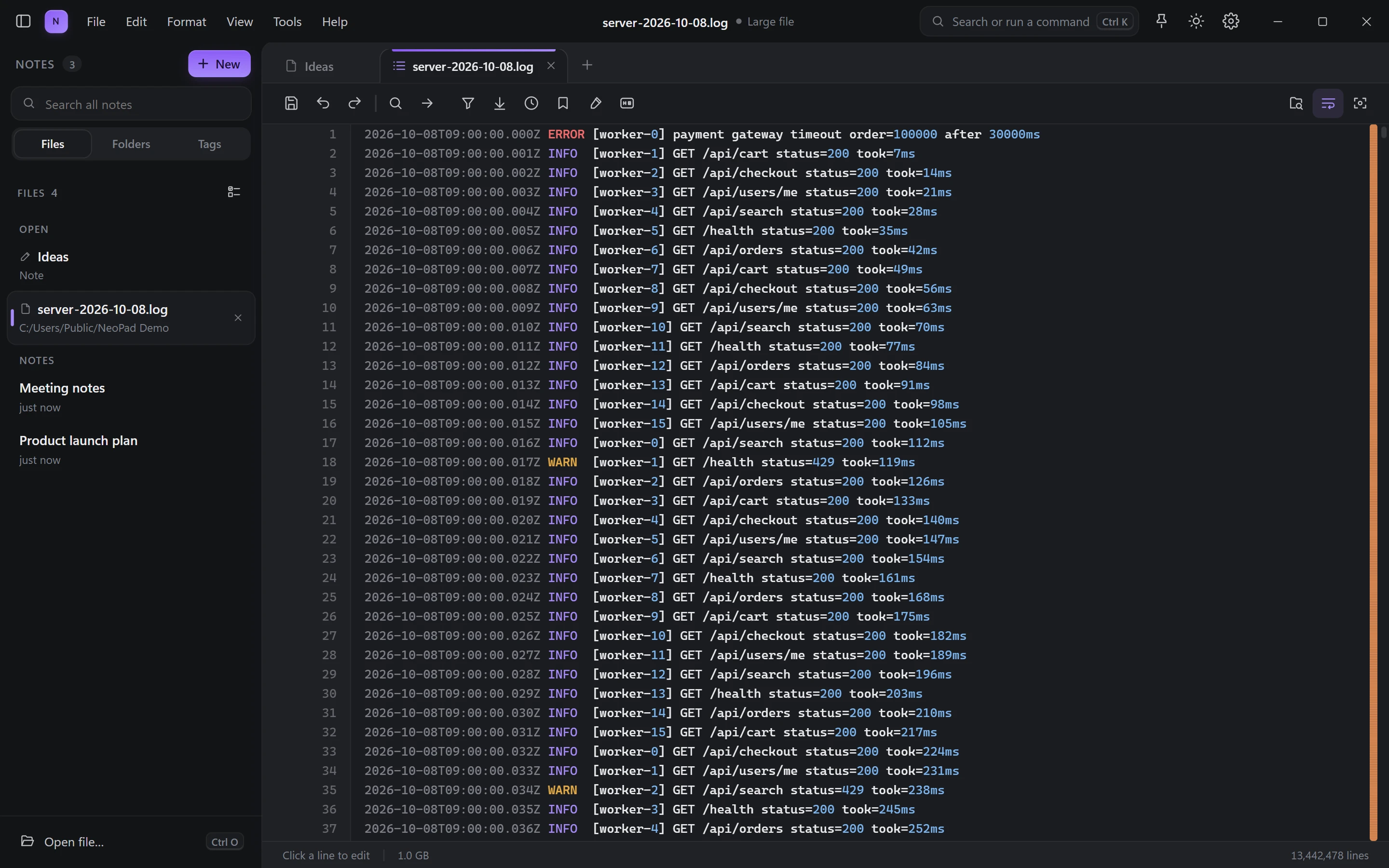 NeoPad showing a 1 GB server log with 13 million lines