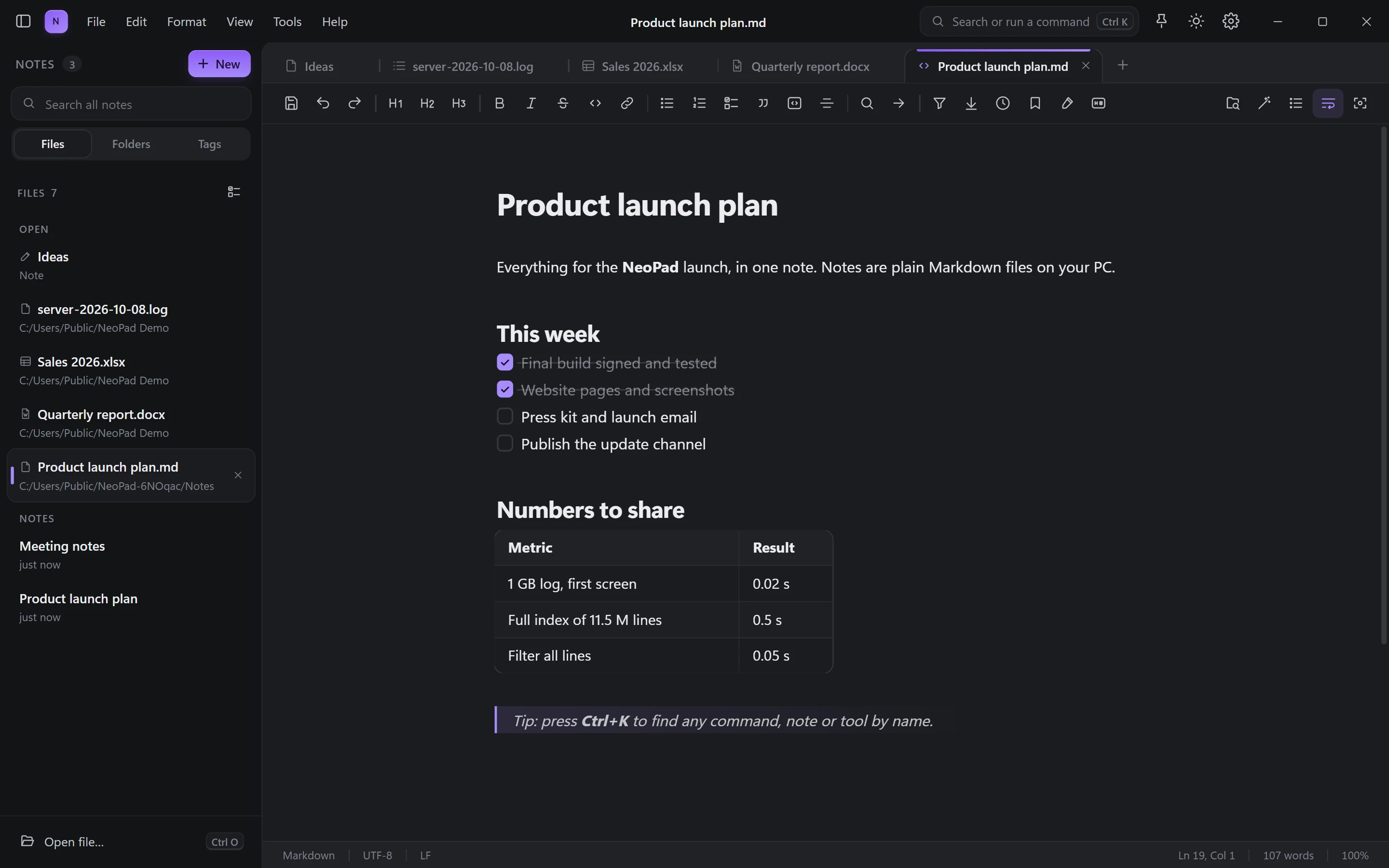 A Markdown note with a checklist and a table