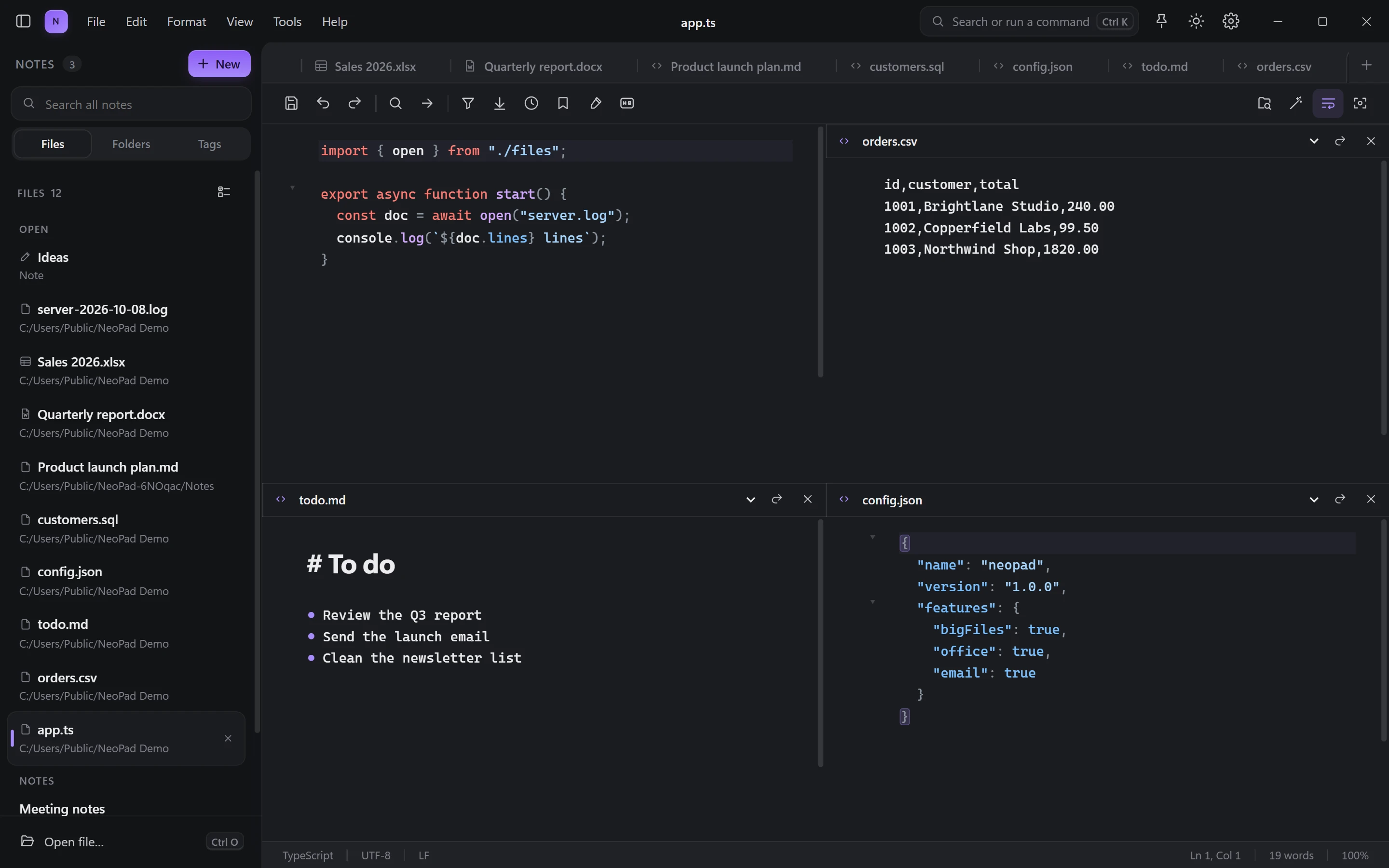 Four files open side by side in NeoPad