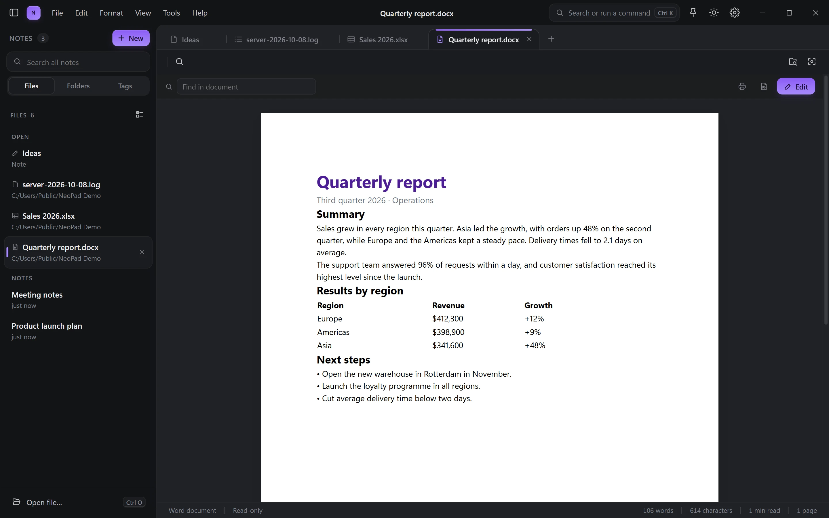 A Word report shown as a page in NeoPad